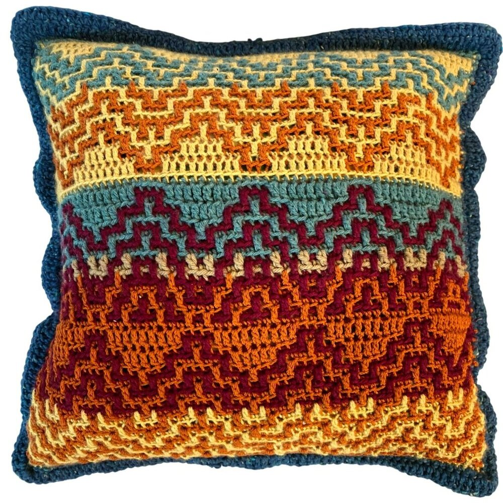 Vintage Knit Crochet Pillow Cover 1970's Mod Retro Hand Crafted 17"x17"
